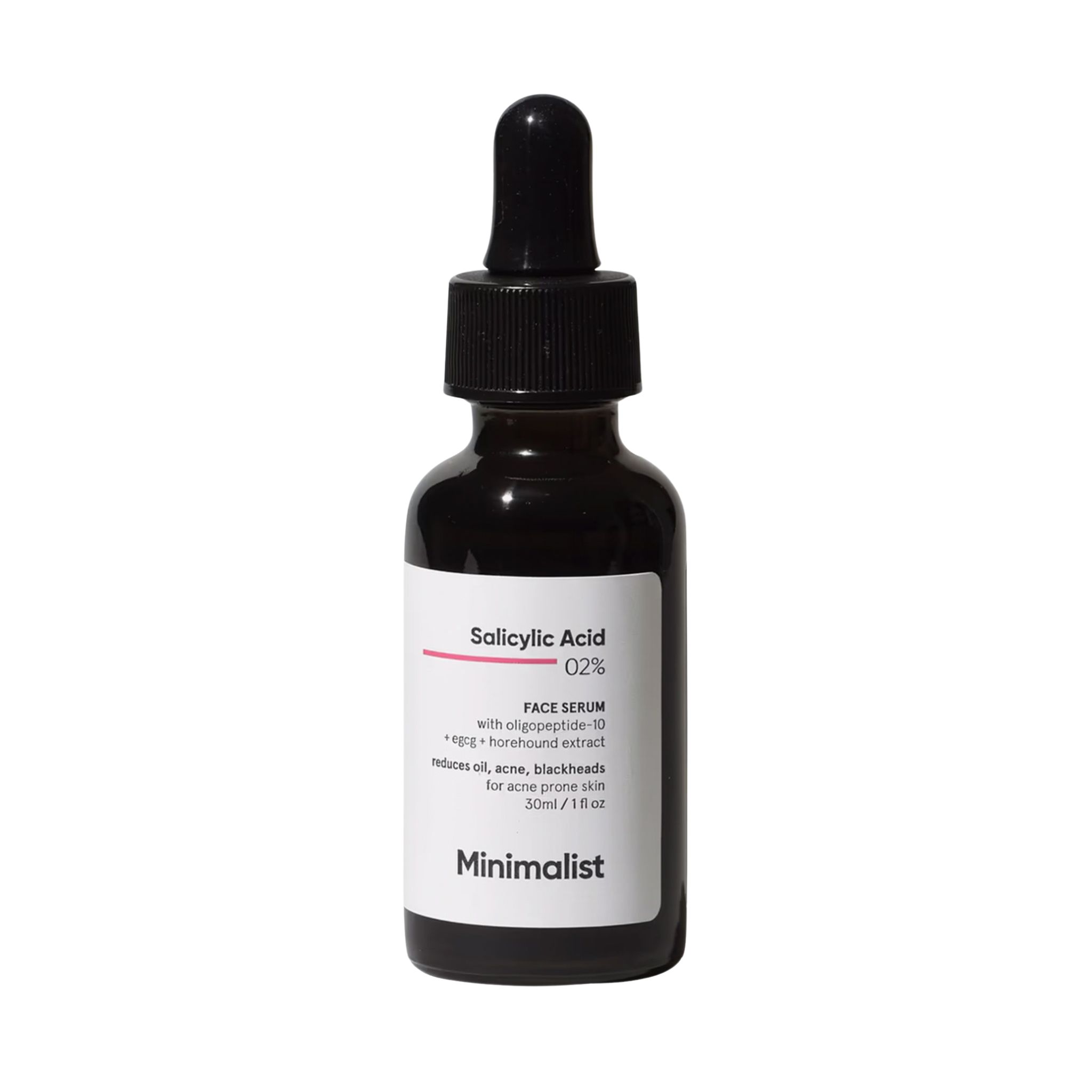 Bruine glazen fles met zwarte dop en pipet. Etiket met tekst: Salicylic Acid 02%, Face Serum, Minimalist.