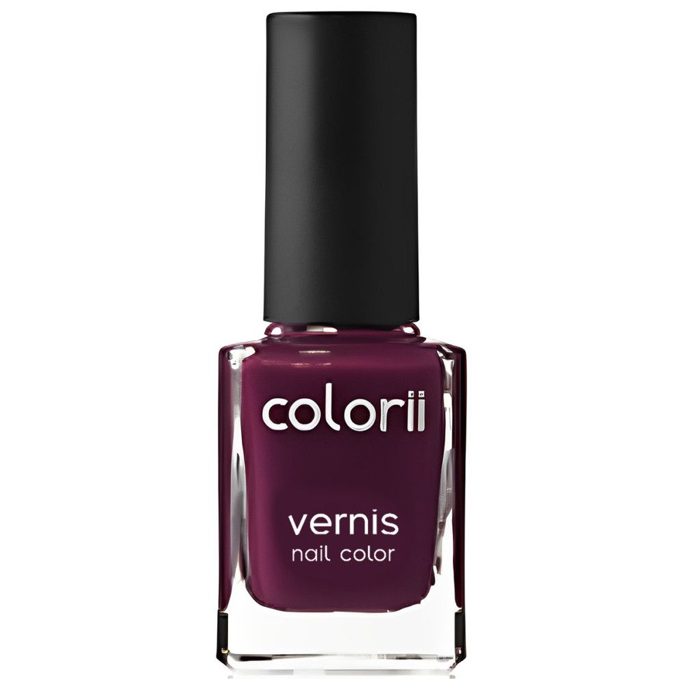Flacon de vernis à ongles avec bouchon noir. Inscription : colorii, vernis, nail color. Couleur : violet foncé.