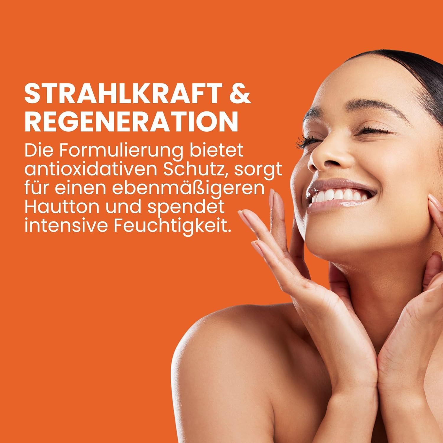 Femme touchant son visage. Texte: Éclat & Régénération. La formule offre une protection antioxydante, pour un teint plus uniforme.