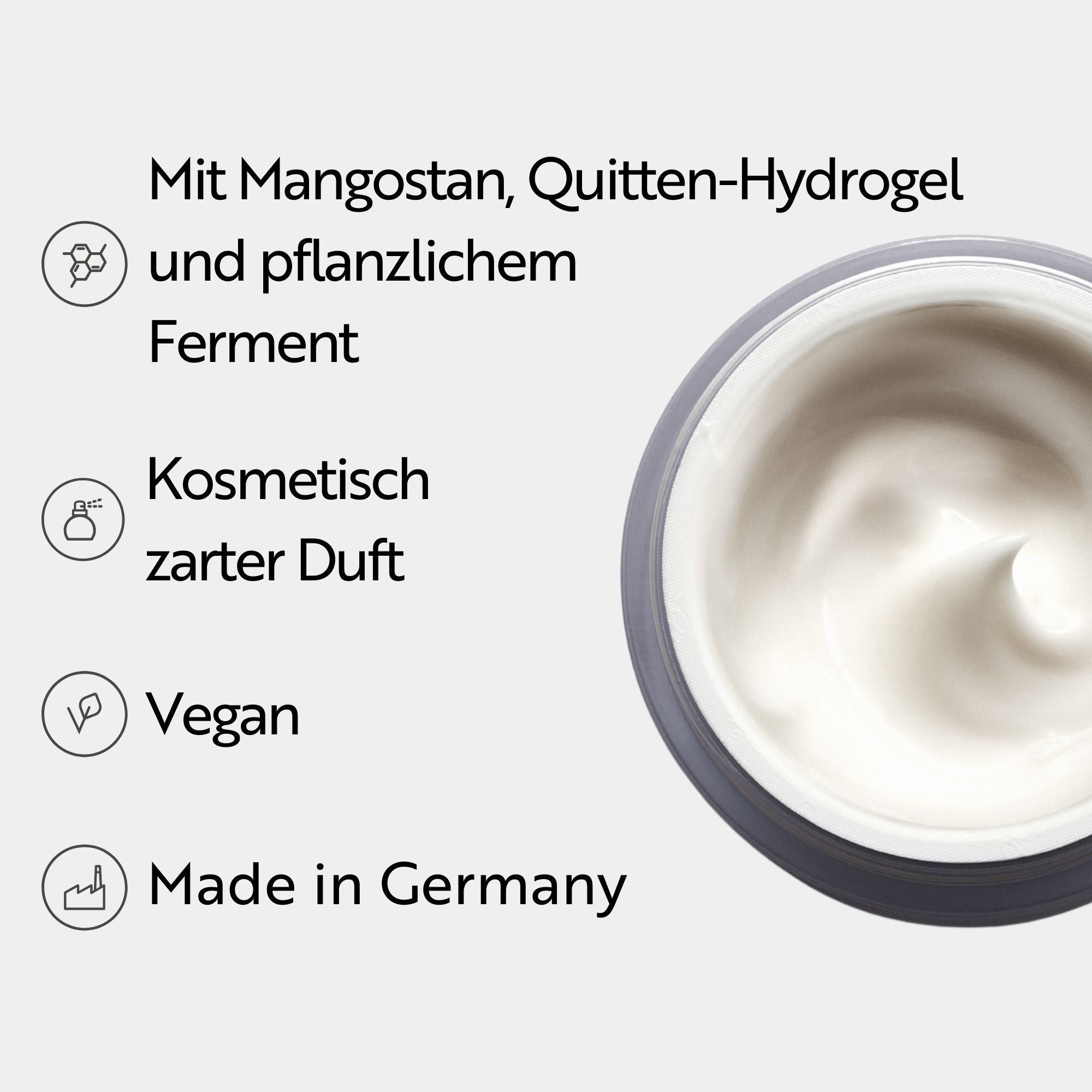Ingrédients de la crème. Texte : Avec mangoustan, hydrogel de coing et ferment végétal. Végétalien.