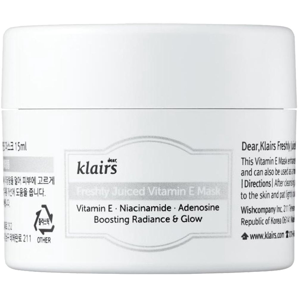 Witte pot met etiket. Opschrift: Dear, Klairs Freshly Juiced Vitamin E Mask. Bevat vitamine E, niacinamide, adenosine.