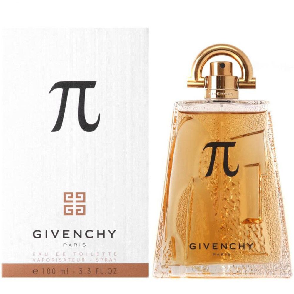 Fles en verpakking. Fles met gouden dop en Pi-symbool. Verpakking met Pi-symbool en Givenchy-logo.