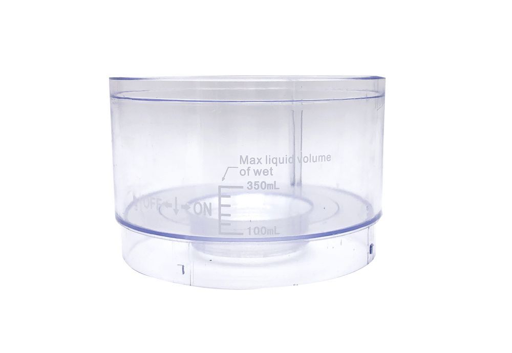Transparante vernevelbeker met meetschaal. Opschrift: Max. vloeistofvolume, 350ml, 100ml. Met ON/OFF markering.