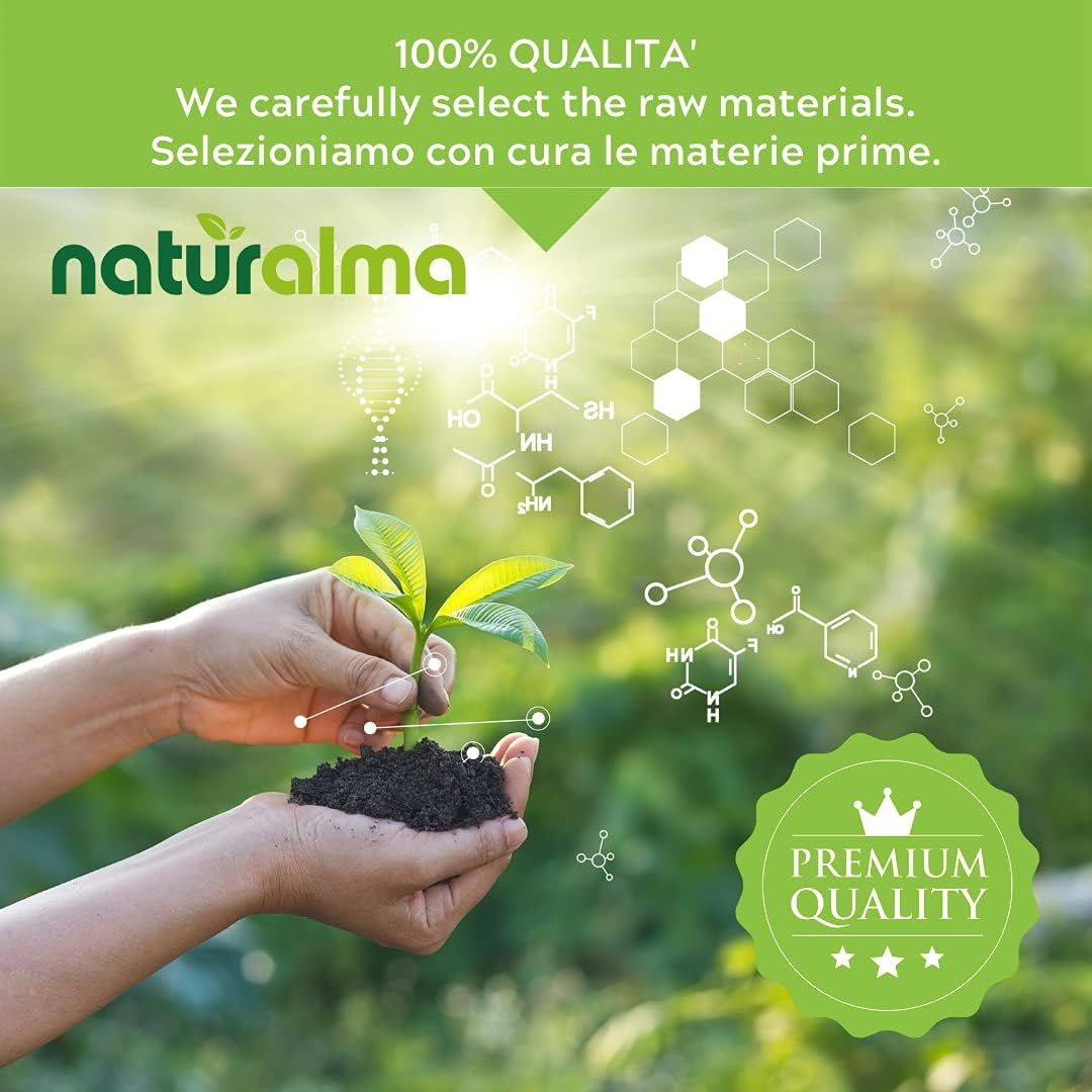 Mains tenant de la terre avec plante. Logo Naturalma, label qualité premium.