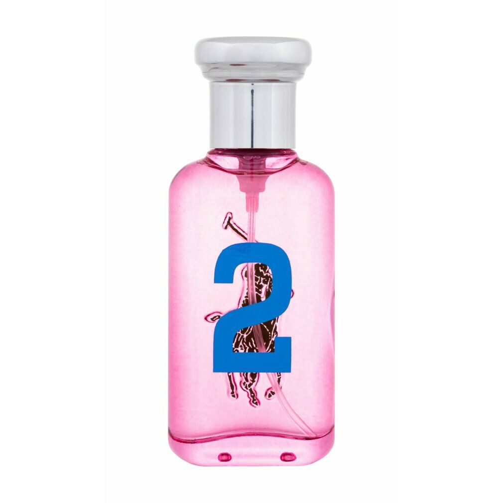 Flacon rose avec logo "2" bleu. Bouchon argenté. Vaporisateur. Verre transparent.