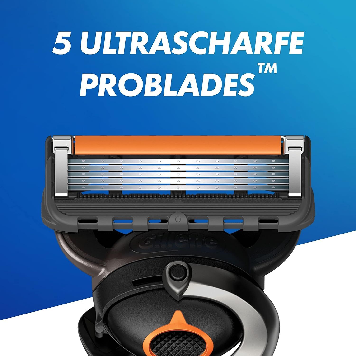 Close-up van een Gillette ProGlide scheerkop met 5 mesjes. Oranje strip aan de bovenkant.