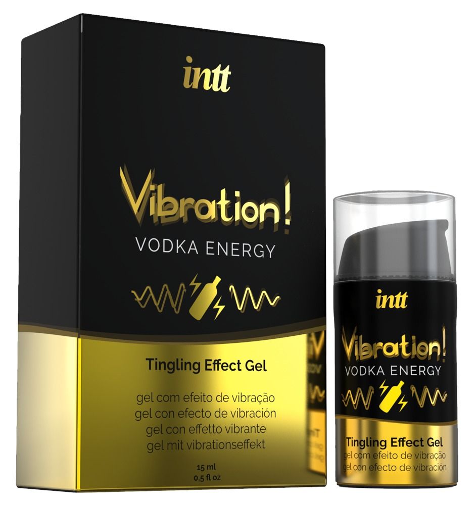 Productverpakking en fles. Opschrift: Vibration! Vodka Energy, Tingling Effect Gel. Zwarte en gouden kleuren.