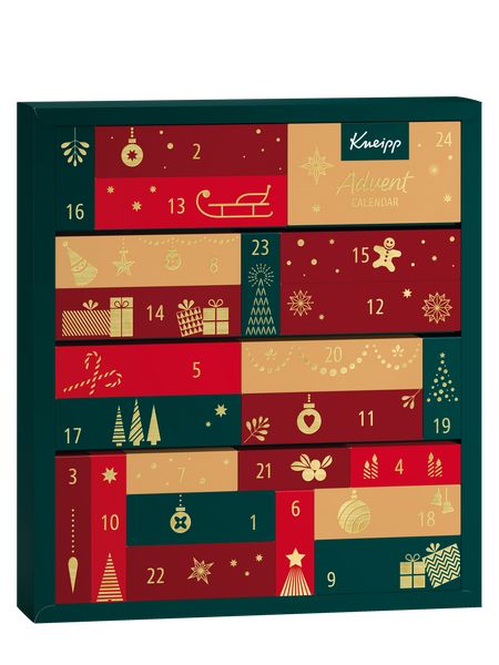 Calendrier de l'Avent avec 24 cases. Design vert-rouge-or avec motifs de Noël et chiffres. Logo Kneipp en haut à droite.