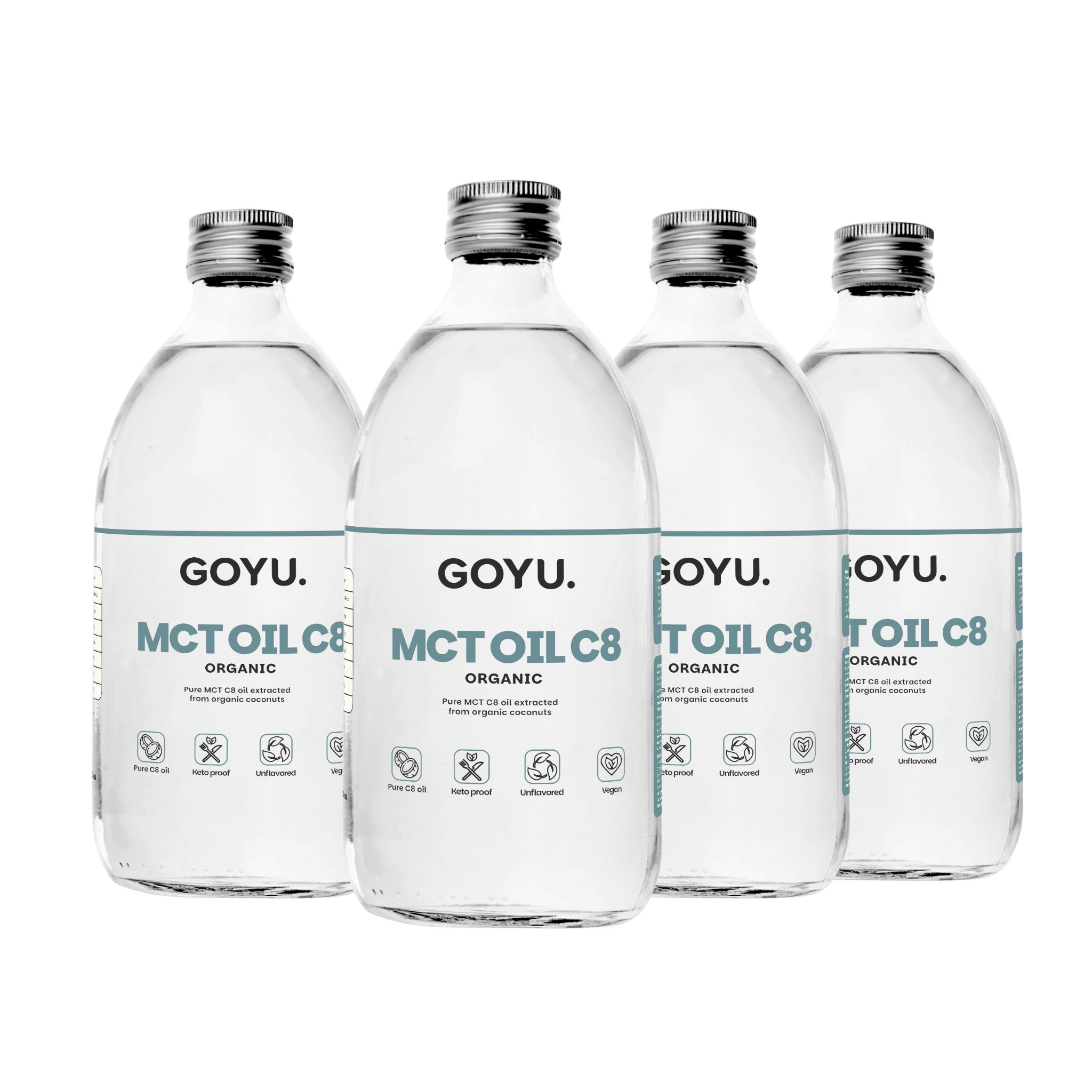 Vier flessen GOYU MCT OIL C8. Heldere vloeistof, zilveren dop. Opschrift: ORGANIC.