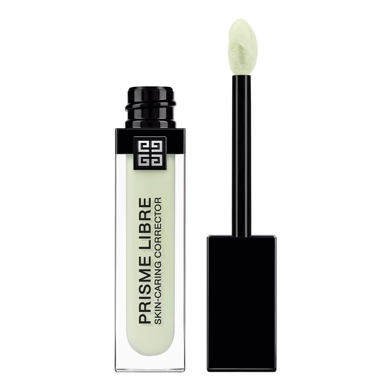 Groene corrector met applicator. Zwarte dop, transparante fles. Productnaam en logo zichtbaar.