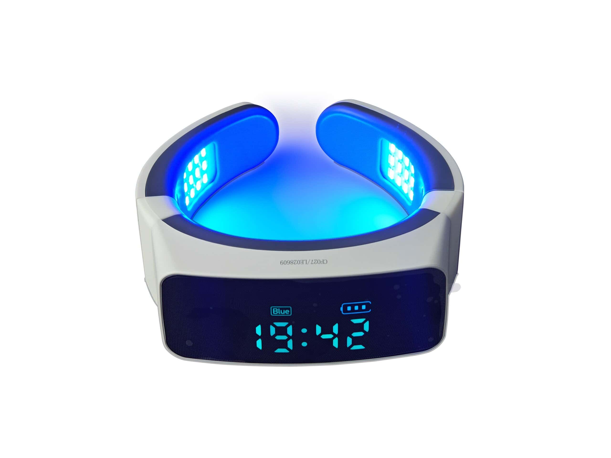 Appareil de thérapie LED pour le cou avec lumières bleues et affichage numérique de l'heure.