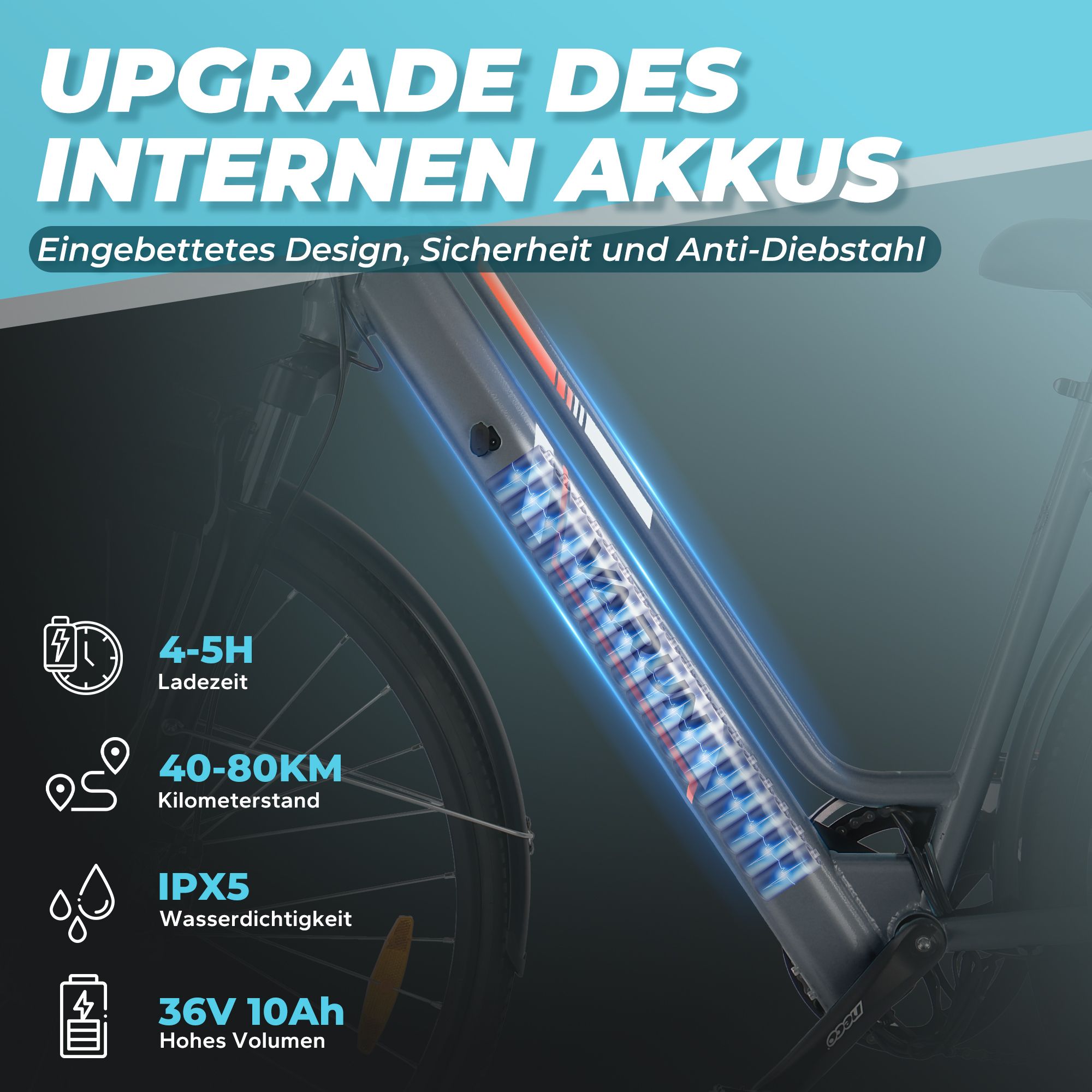 Cadre de vélo électrique avec batterie intégrée. Texte : Temps de charge 4-5H, Autonomie 40-80KM, IPX5 étanche, 36V 10Ah.