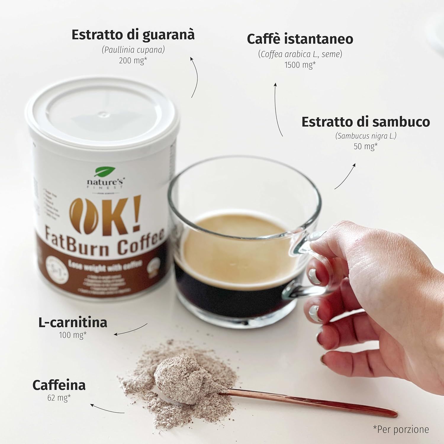 Productbus, koffiepoeder, kopje en ingrediënten. Pijlen wijzen naar ingrediënten: guarana, instantkoffie, vlierbes, L-carnitine, cafeïne.