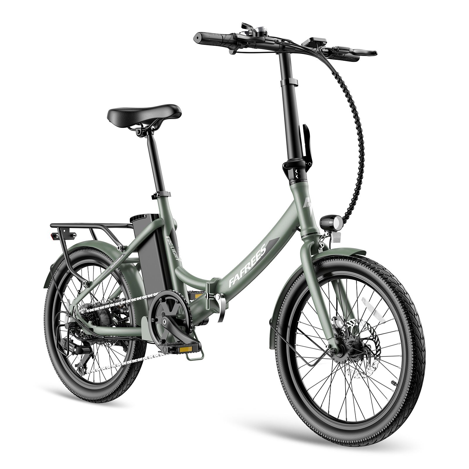 Lichtgroene Fafrees F20Light e-bike. Opvouwbaar frame, bagagerek, spatborden. Zwarte banden en zadel. Accu op frame.