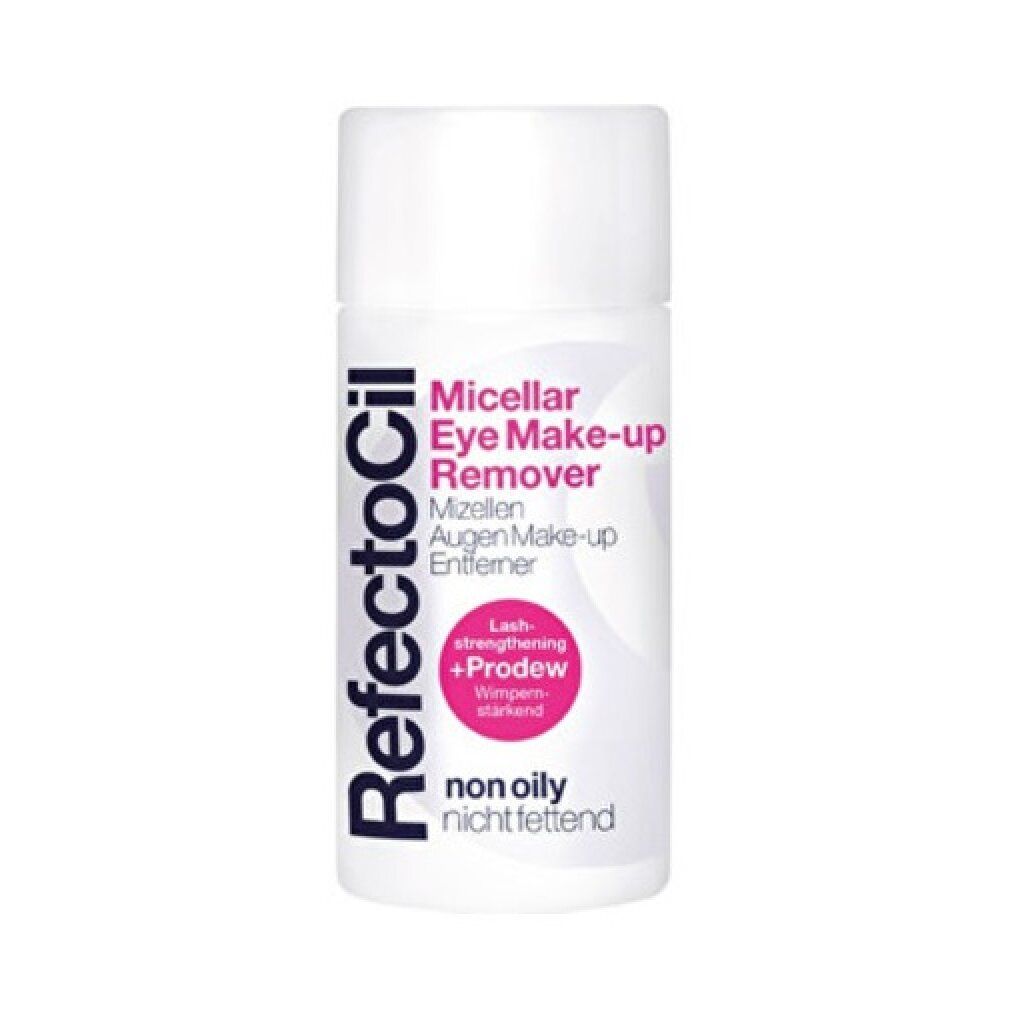 Witte fles met roze tekst 'Micellar Eye Make-up Remover' en RefectoCil-logo. Bevat 150ml.