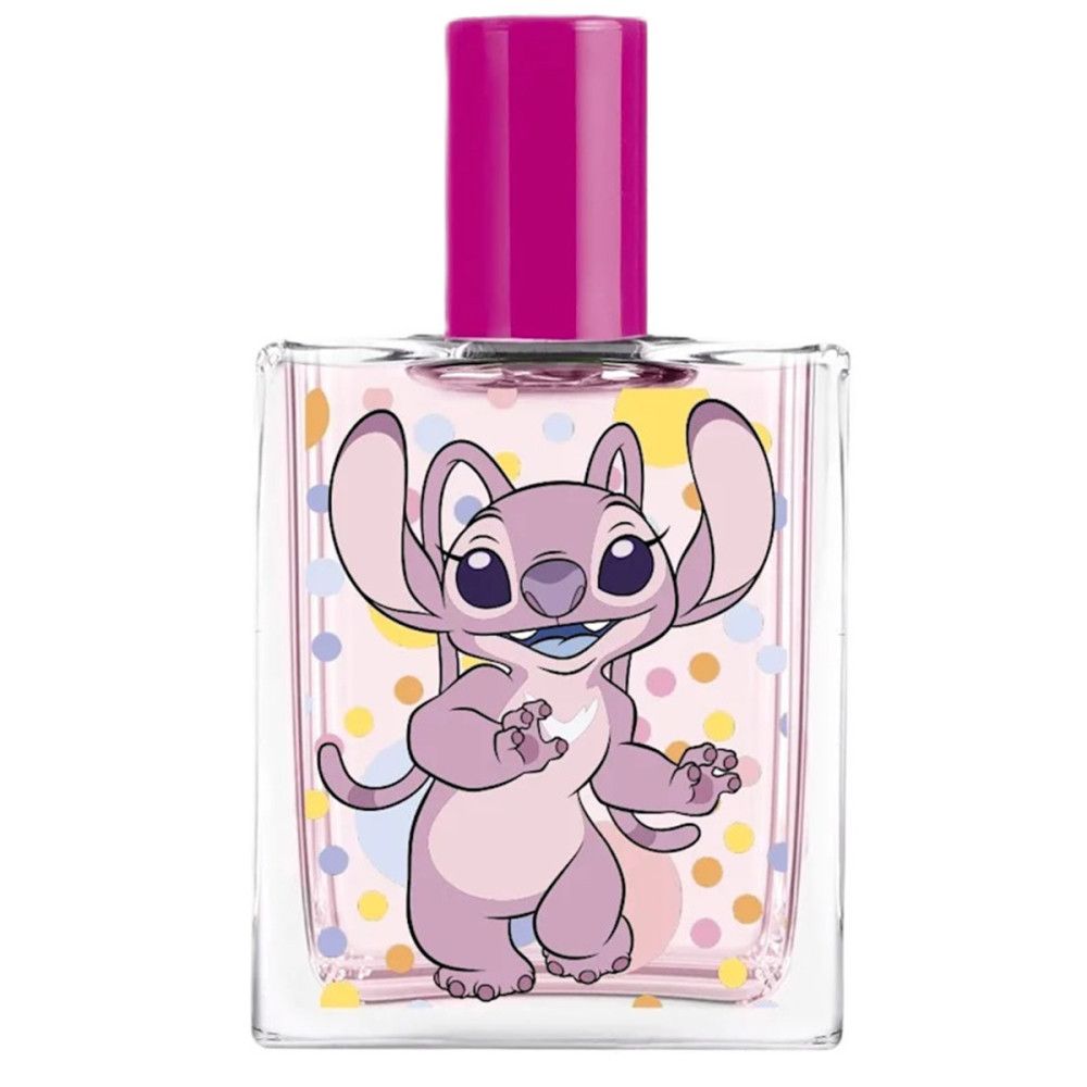 Rechthoekige fles Eau de Toilette met Stitch-illustratie. Roze dop. Achtergrond met gekleurde stippen.