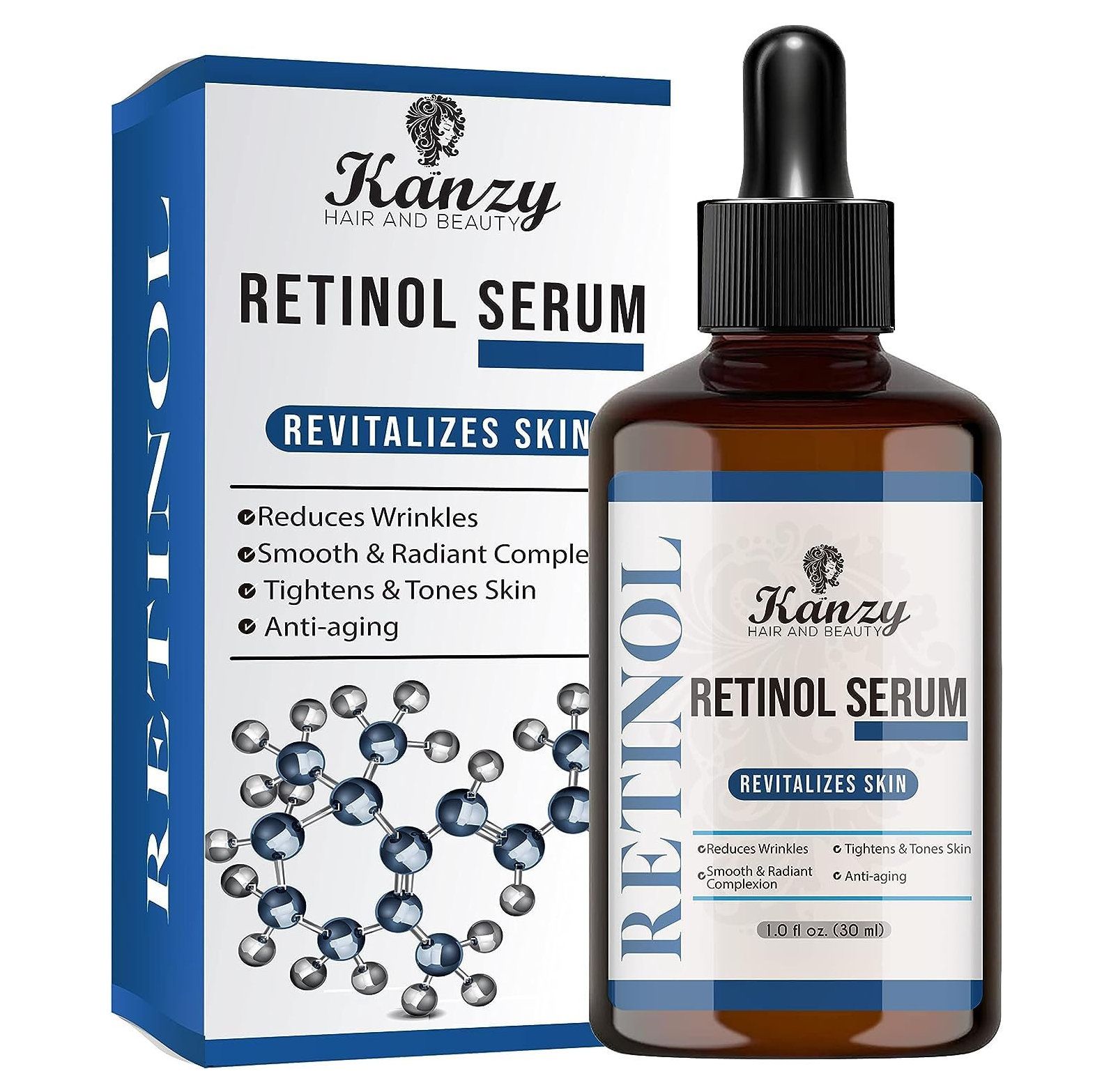 Retinol serum fles en doos. Opschrift: KANZY Retinol Serum. Met druppelaar. Opschrift: Revitaliseert de huid. Op de doos: moleculaire structuur.