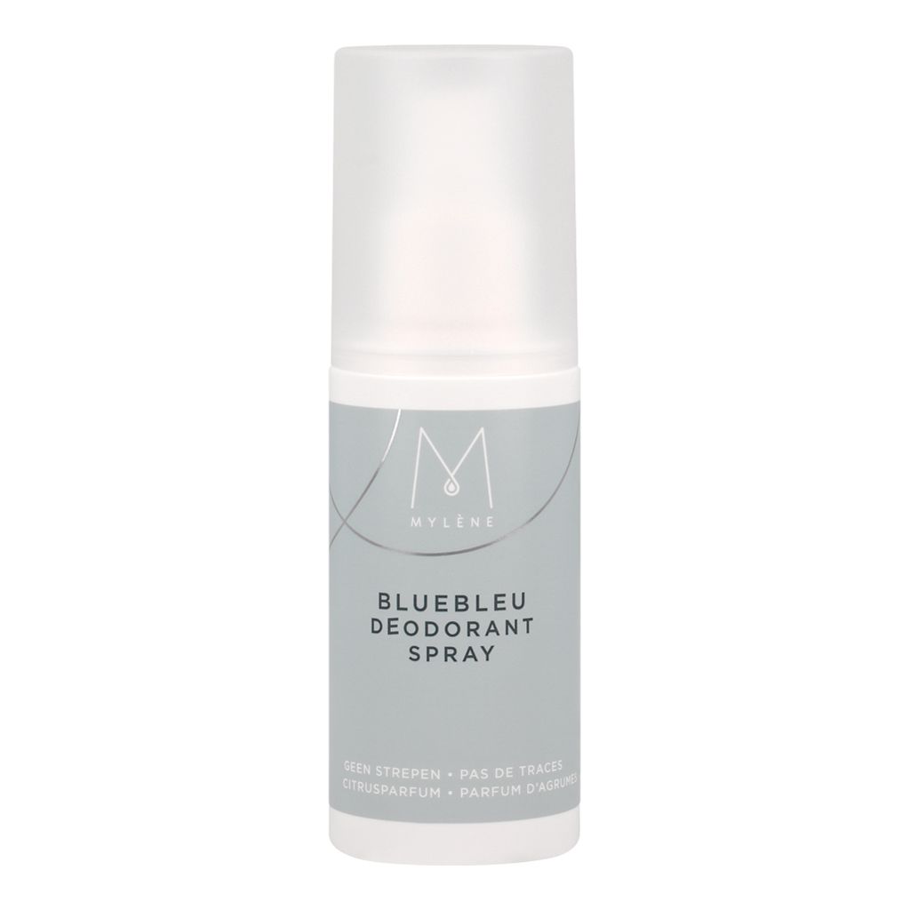 Mylène Bluebleu Deodorant Spray dans un flacon blanc avec étiquette bleue et parfum d'agrumes.