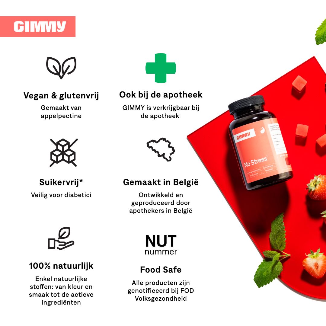 GIMMY No Stress fles, aardbeien en munt. Tekst: Vegan, glutenvrij, suikervrij, 100% natuurlijk, apotheek, België.