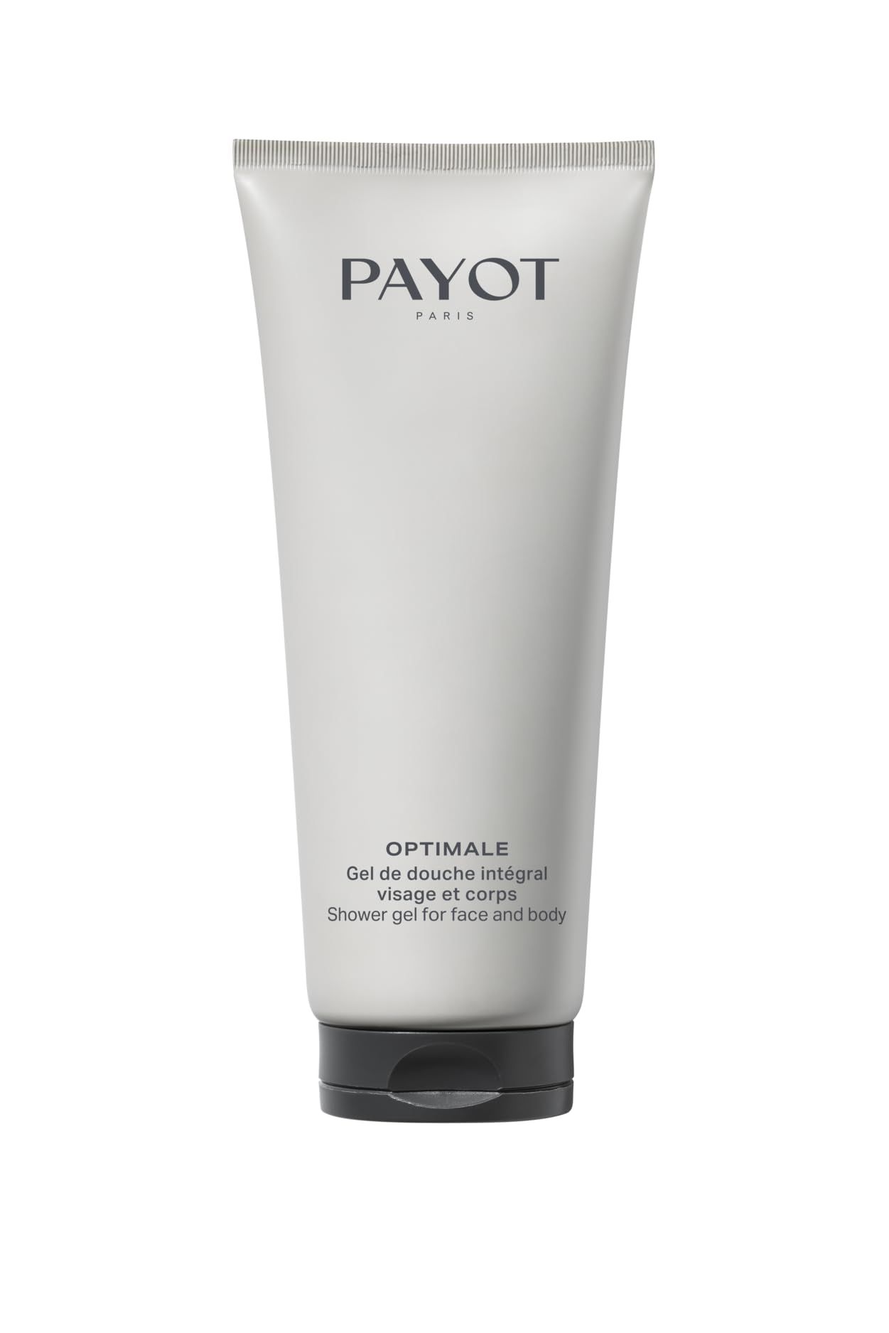Witte tube met zwarte dop. Opschrift PAYOT PARIS en OPTIMALE. Gel de douche intégral visage et corps.