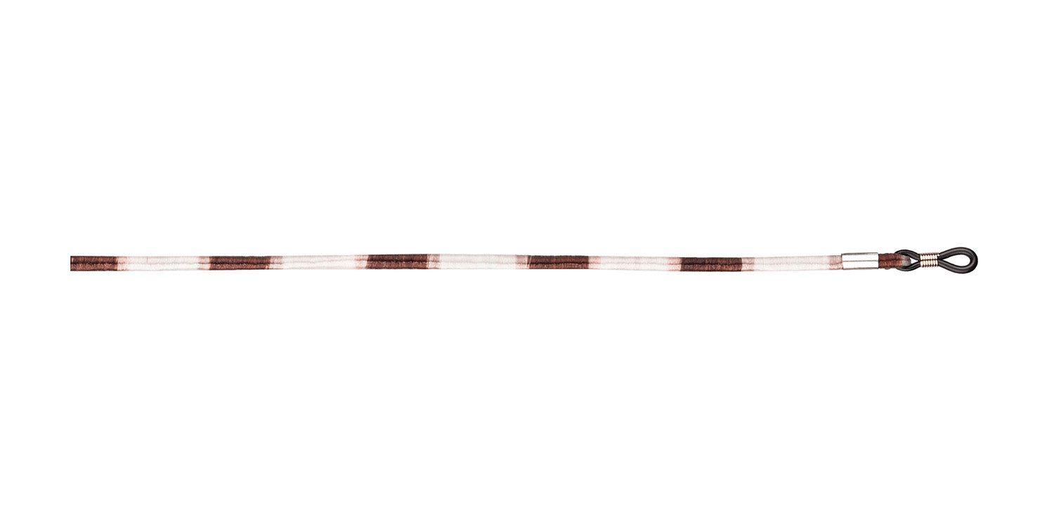 Cordon de lunettes rayé blanc et marron. Extrémités avec boucles noires. Anneaux métalliques.