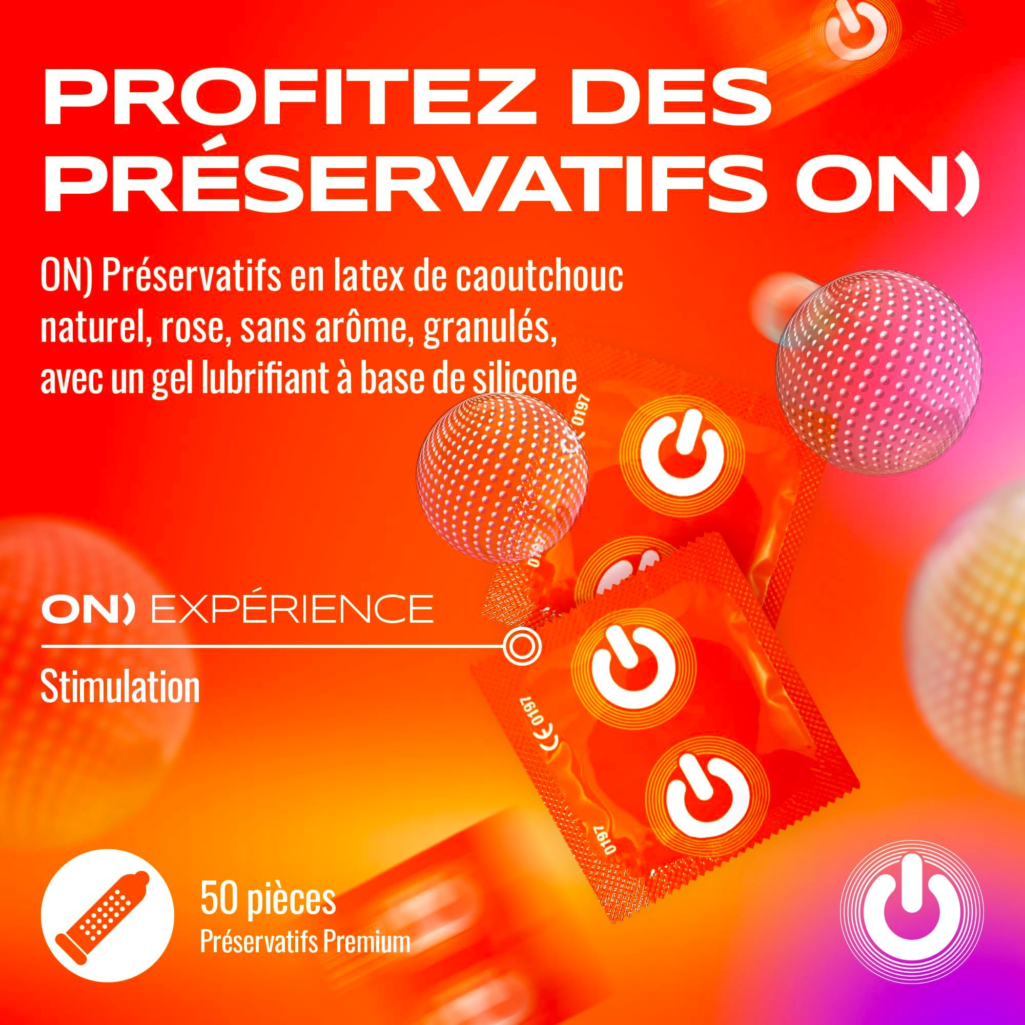 Préservatif ON), longueur 185mm, largeur 54mm, épaisseur 0,07mm, granulé.