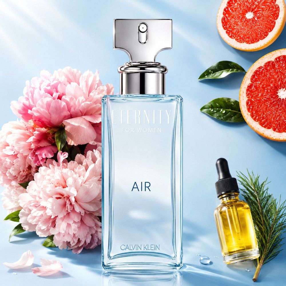Flacon d'eau de parfum Calvin Klein Eternity Air pour femme avec fleurs et pamplemousse. Flacon en verre avec vaporisateur argenté.