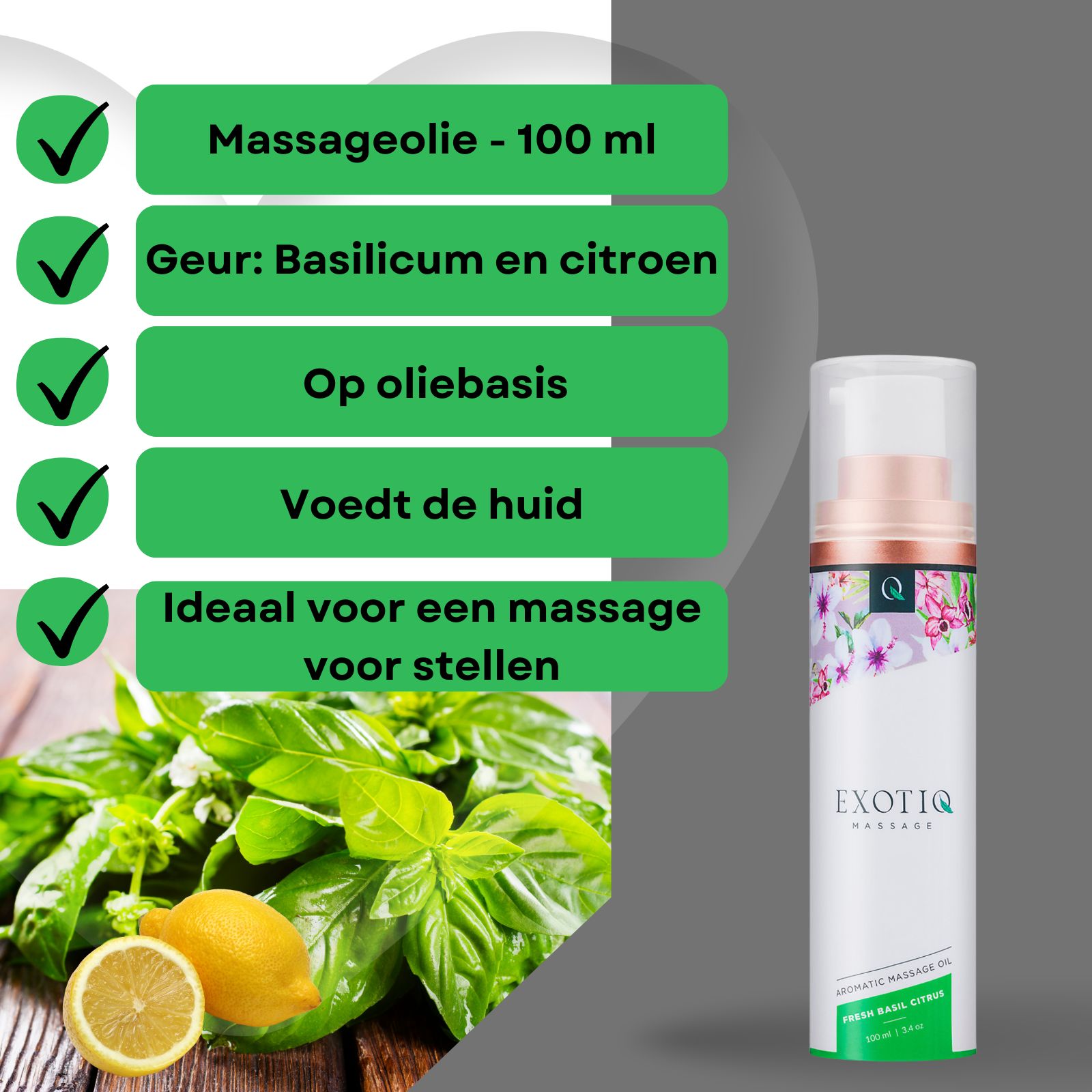 Massageoliefles naast basilicum, citroen. Tekst: Massageolie - 100 ml, Geur: Basilicum en citroen.