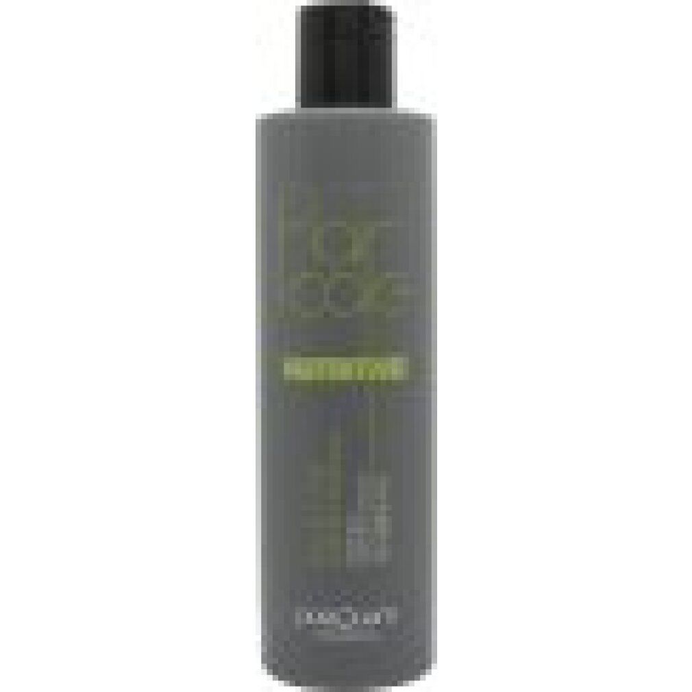 Flacon de shampooing gris avec bouchon noir. Inscription: Hair Care Nutritive, Nutri Oil Specific Shampoo, Postquam Professional.