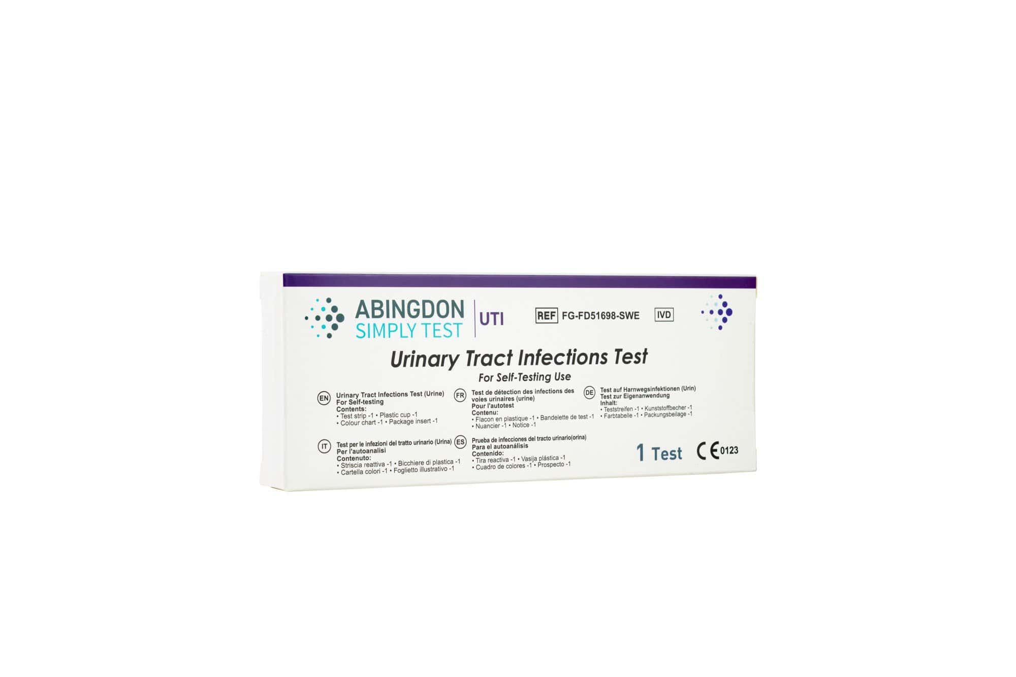 Verpakking van de Abingdon Simply Test Urinary Tract Infections Test voor thuisgebruik.