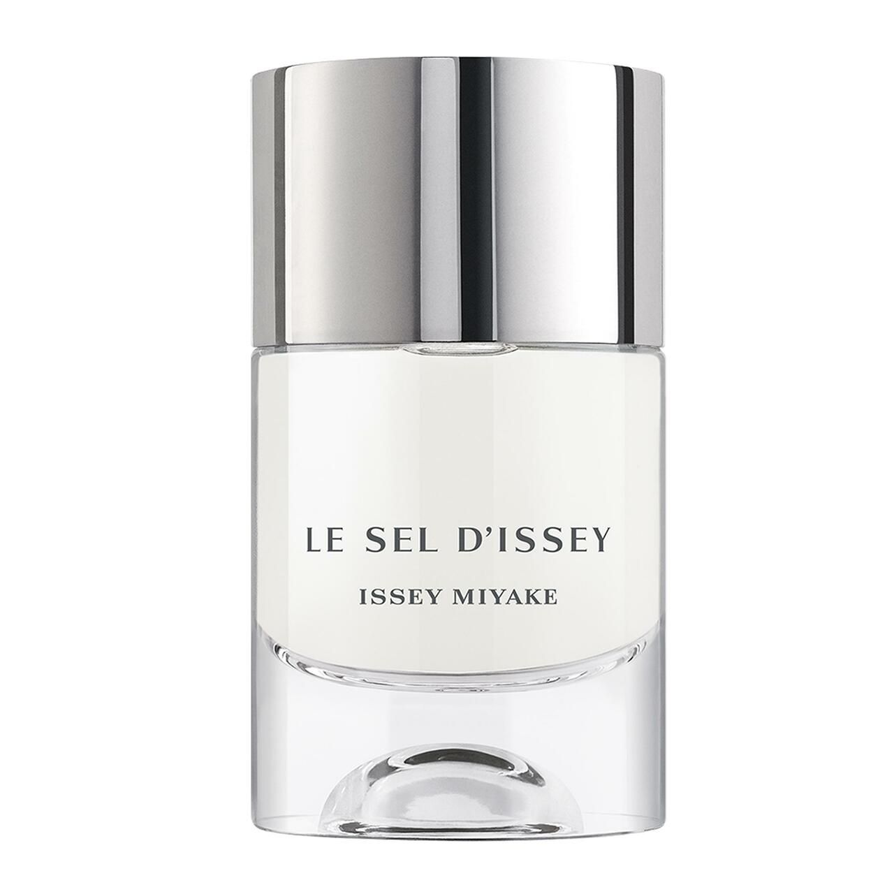 Glazen fles met zilveren dop. Opschrift: Le Sel d'Issey, Issey Miyake. Transparante basis.