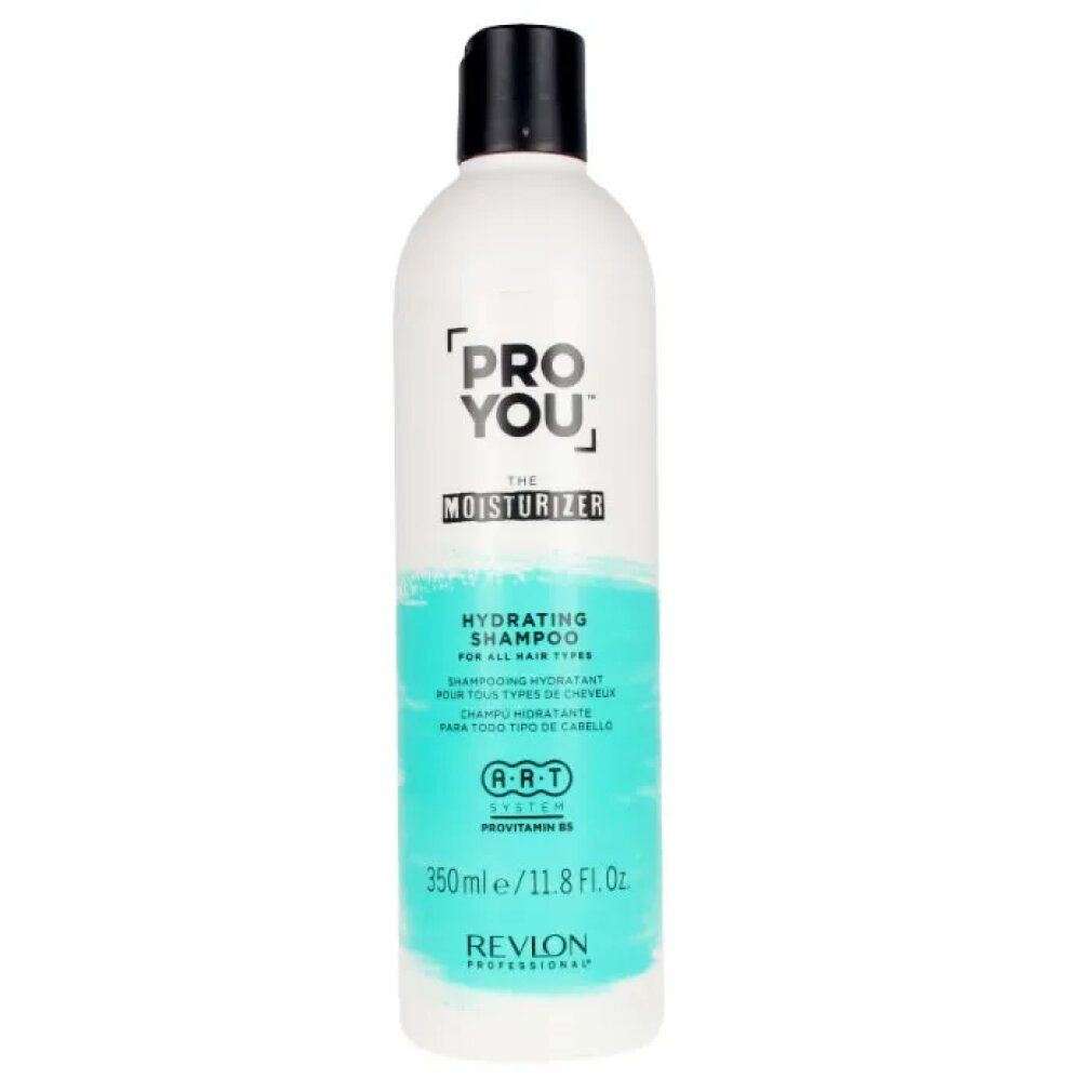 Witte shampoo fles met zwarte dop. Opschrift: PRO YOU The Moisturizer, Hydrating Shampoo. Revlon Professional.
