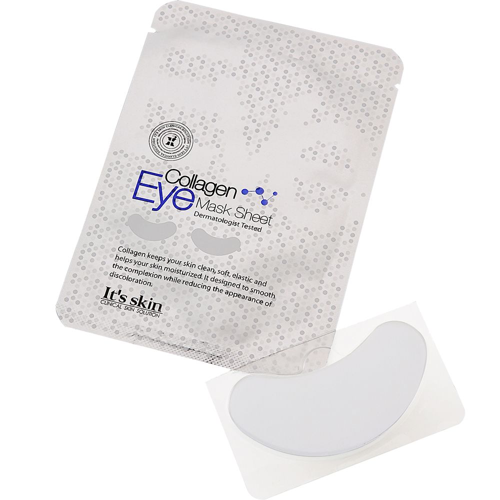 Emballage de masque pour les yeux. Inscription: Collagen Eye Mask Sheet. Marque: It's Skin. Un masque à côté.