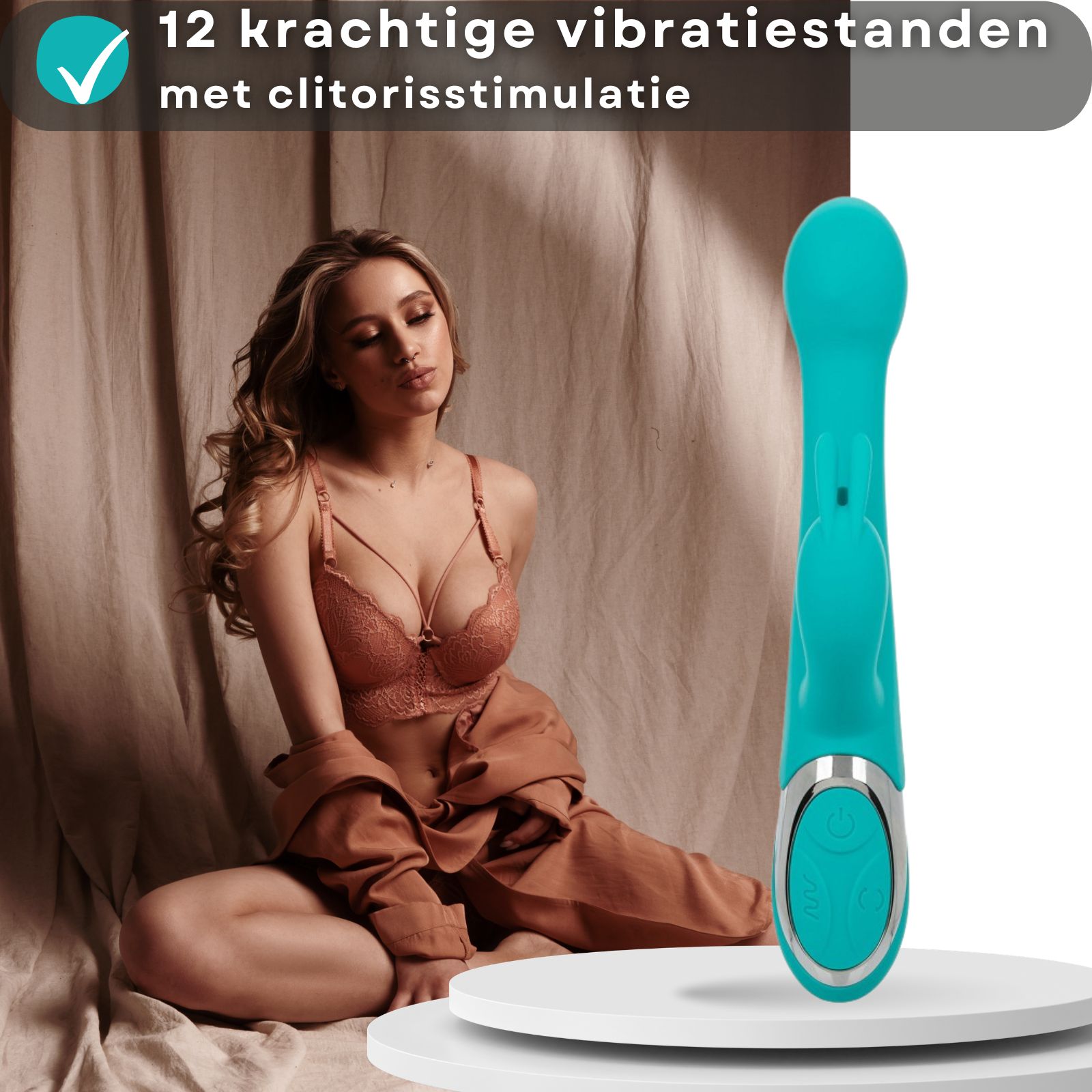 Turquoise vibrator met gebogen vorm. Afmetingen en productkenmerken getoond.