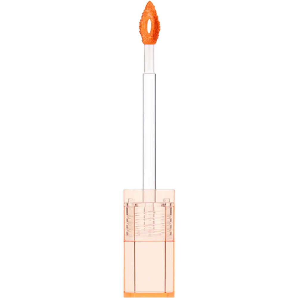 Applicateur d'un rouge à lèvres. L'applicateur a une pointe orange et une tige transparente.