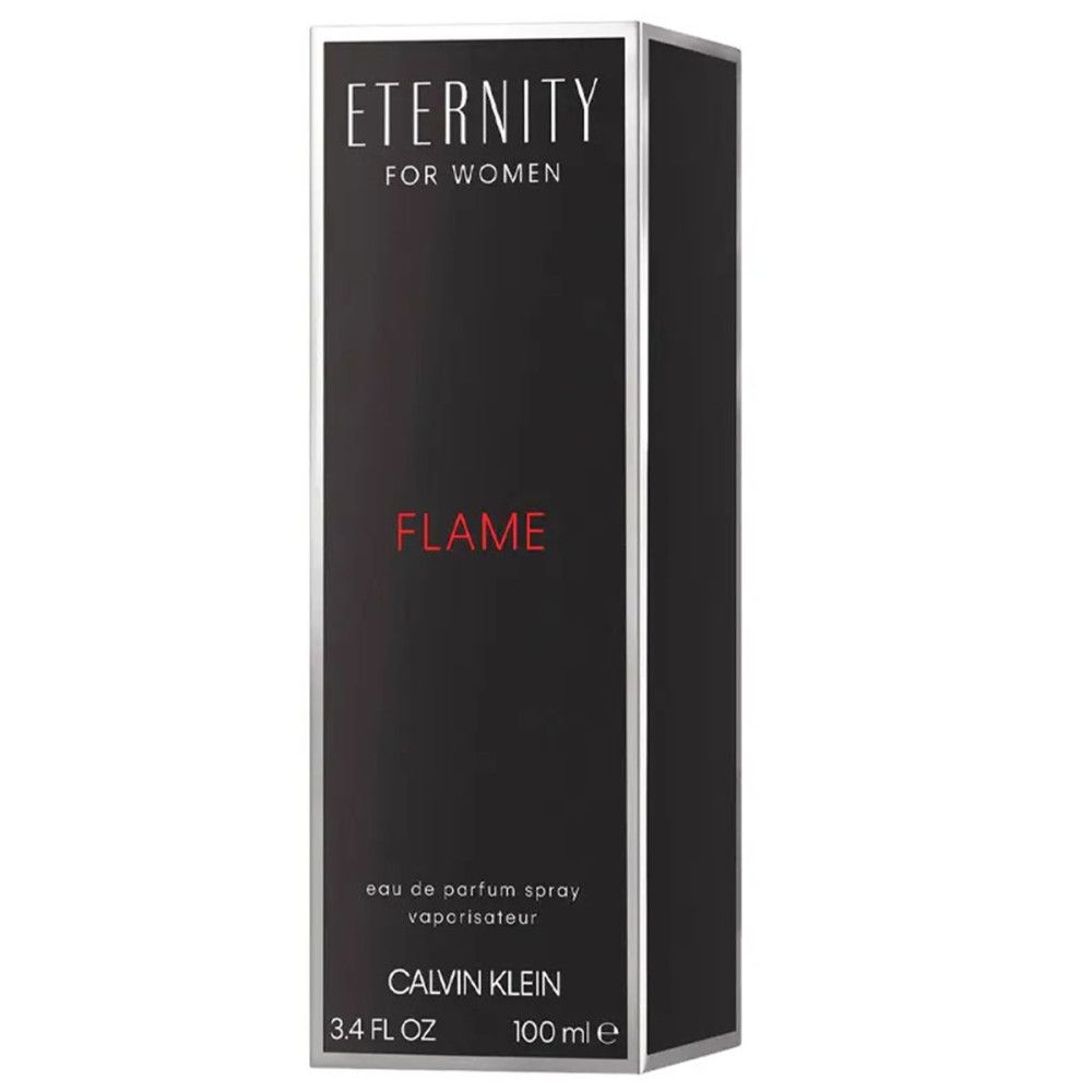 Boîte noire avec bordure argentée. Inscription: Eternity Flame, Calvin Klein. 3.4 FL OZ, 100 ml.