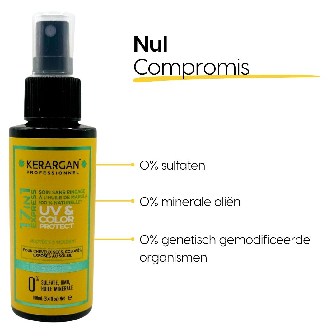 Kerargan UV & Color Protect. Fles met verstuiver. Tekst: 0% sulfaten, minerale oliën, GGO's. Geel etiket.