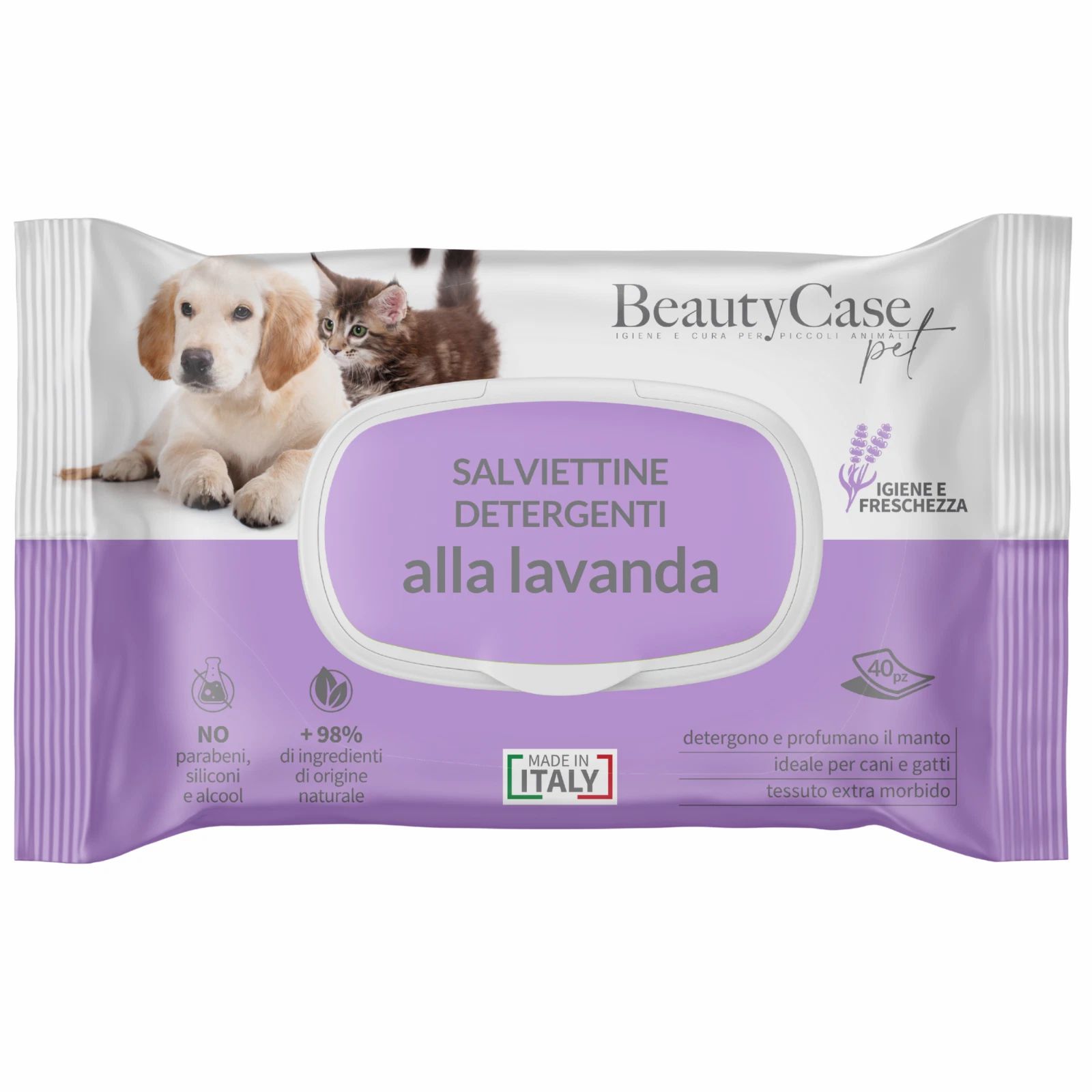 Paquet de lingettes nettoyantes pour animaux. Inscription: Salviettine Detergenti alla lavanda. Marque: BeautyCase Pet. Parfum lavande.