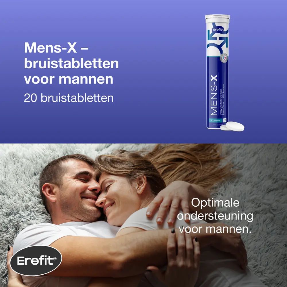 Man en vrouw in bed. Tube MENS-X. Tekst: Bruistabletten voor mannen. Merk: Erefit.