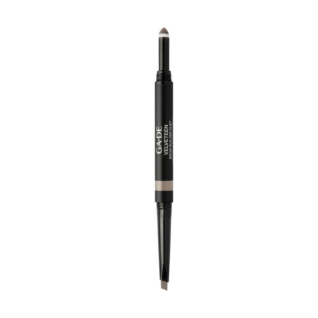 Dubbele pen. Zwart, met lichtbruine uiteinden. Opschrift: GA-DE VELVETEEN BROW BUILDER DUET.