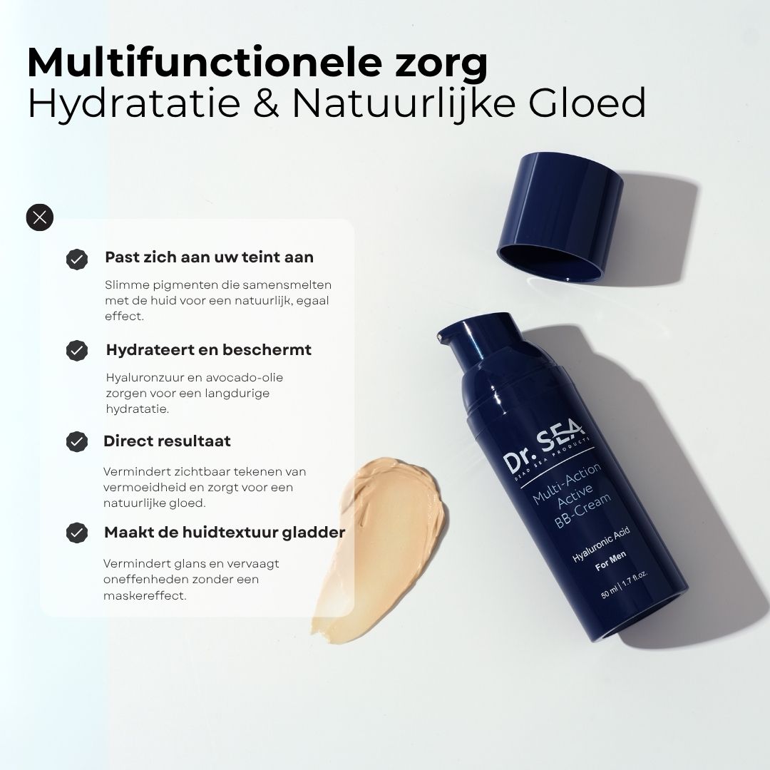 Twee blauwe flessen. Eén met Dr. SEA Multi-Action BB-Crème, de andere met Ultra Hydrating Face and Eyes Lifting Cream.