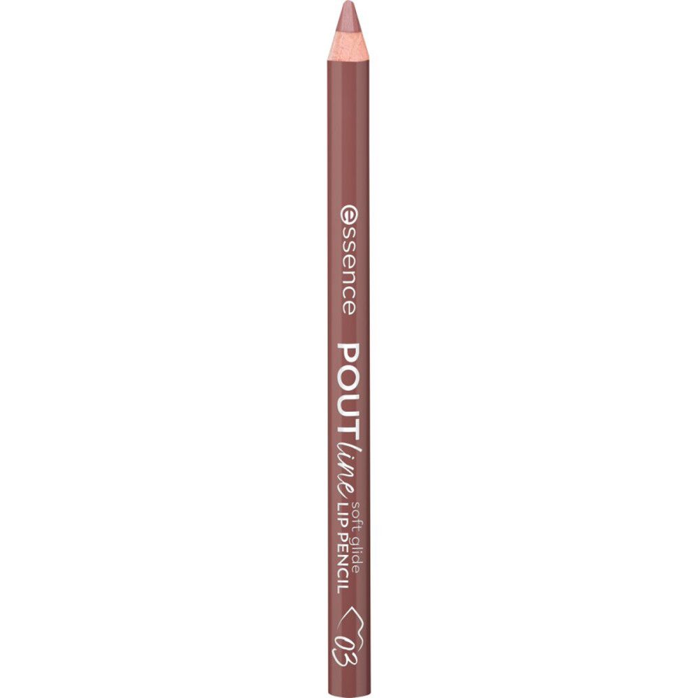 Bruine lippotlood. Opschrift: Essence, Poutline Soft Glide Lip Pencil, 03. Punt en uiteinde in dezelfde kleur.