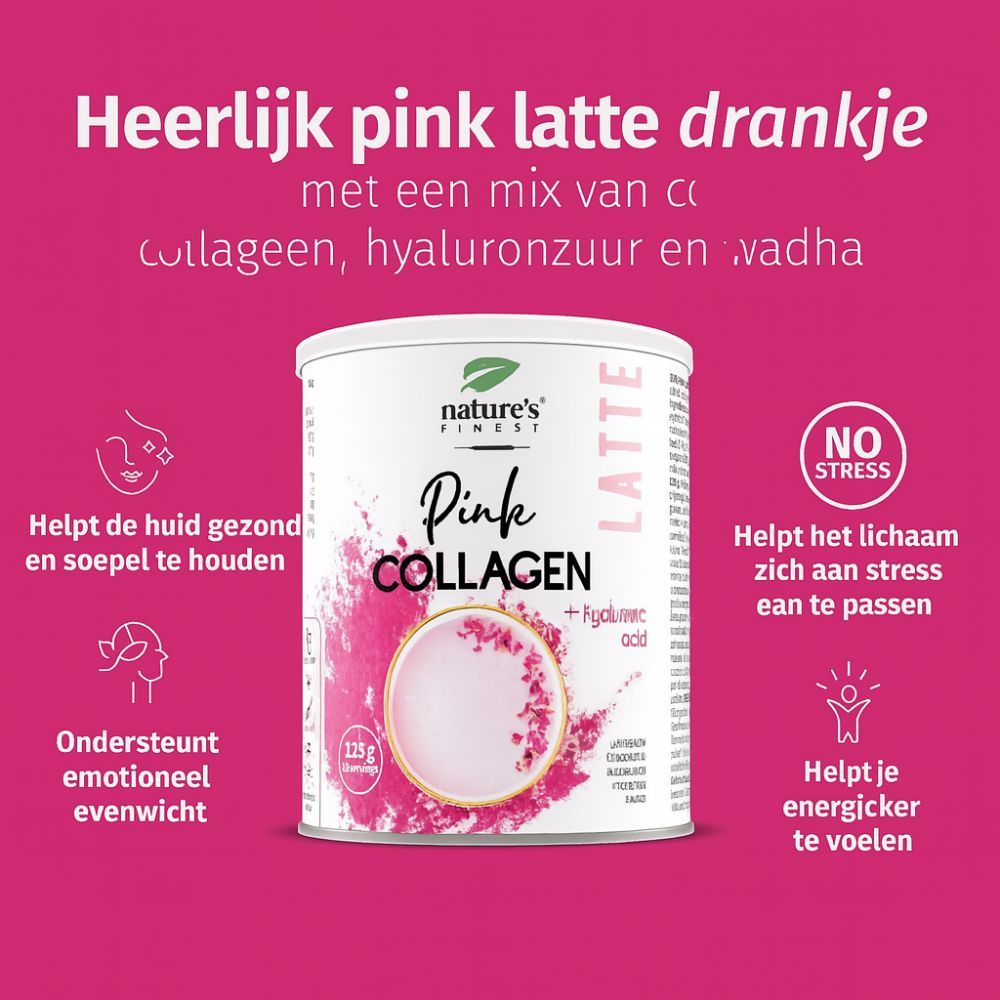 Nature's Finest Pink Collagen Latte blik. Helpt de huid gezond te houden, ondersteunt emotioneel evenwicht.