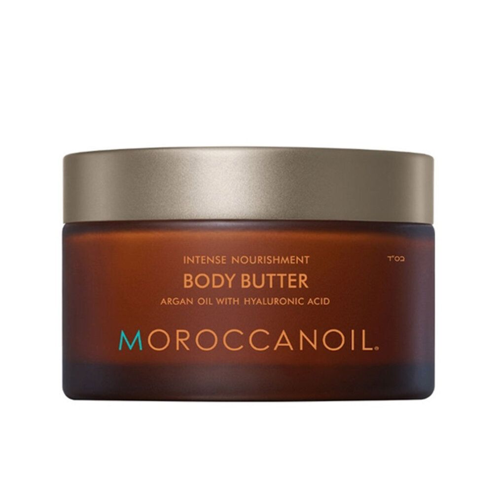 Bruine pot met gouden deksel. Opschrift: Body Butter, arganolie met hyaluronzuur. Merk: MOROCCANOIL.