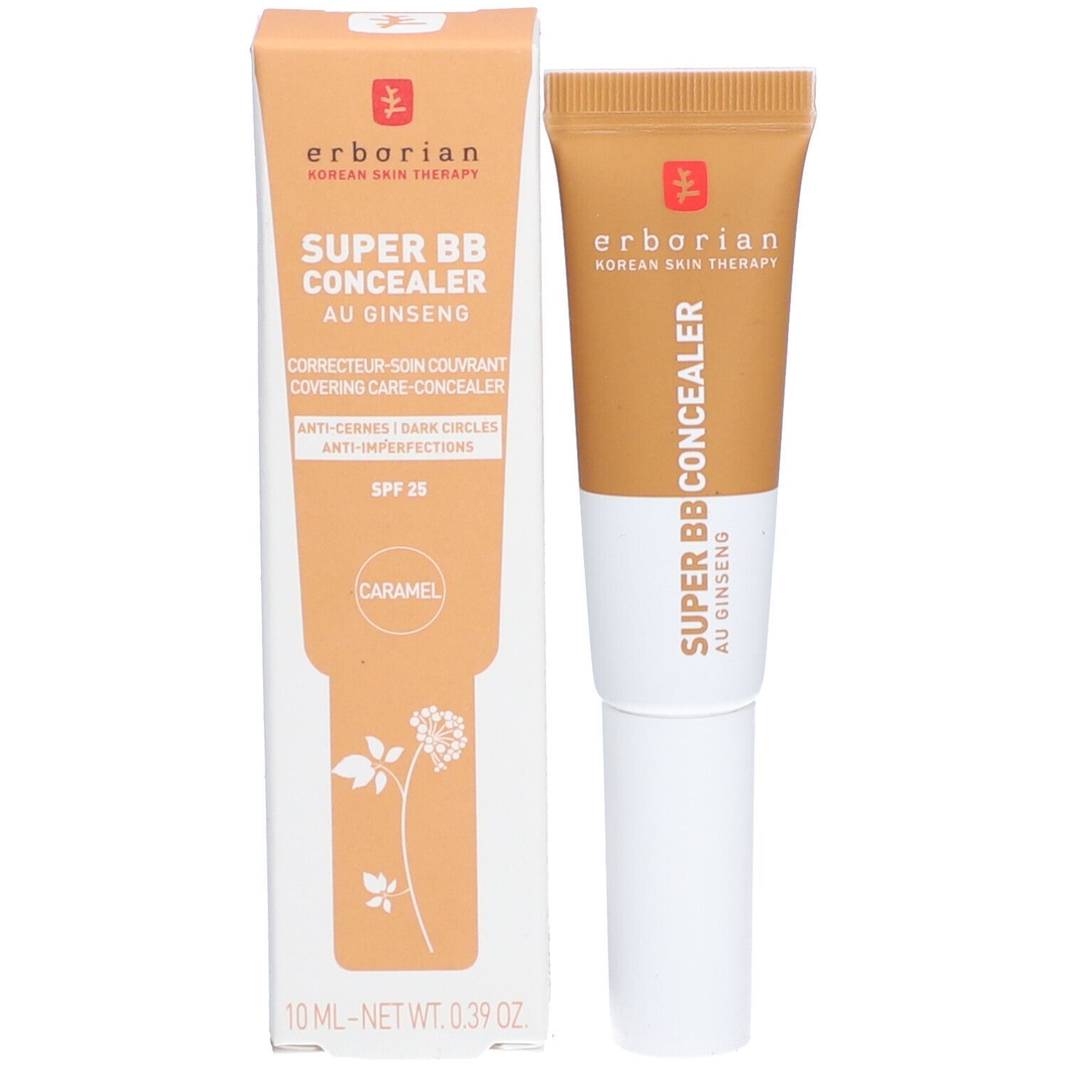 Produit et emballage. Tube et boîte avec inscription: SUPER BB CONCEALER, KARAMELL. Marque: Erborian.
