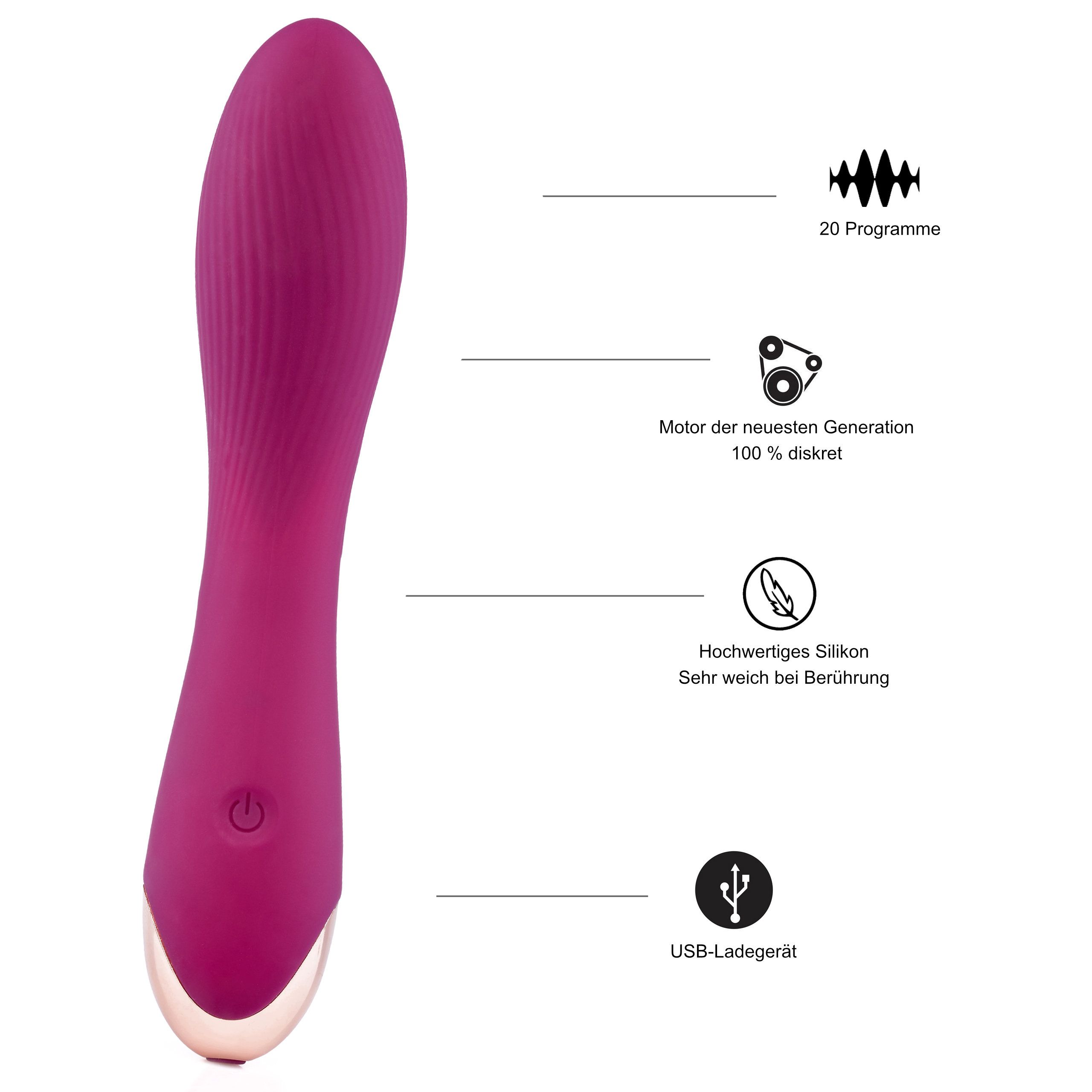 Vibrateur violet avec tête côtelée. Caractéristiques : 20 programmes, silicone, chargeur USB.