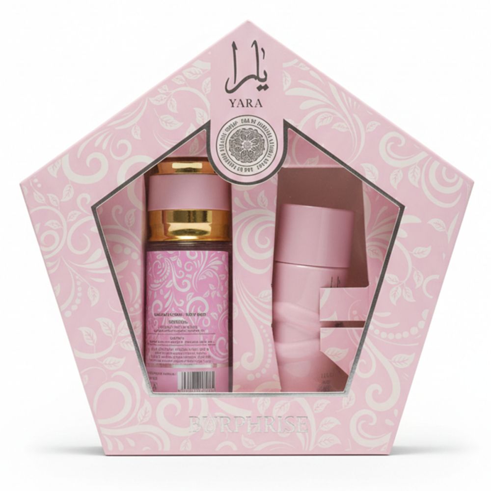 Coffret cadeau rose en forme de pentagone avec deux flacons roses. Motif floral. Marque Yara.