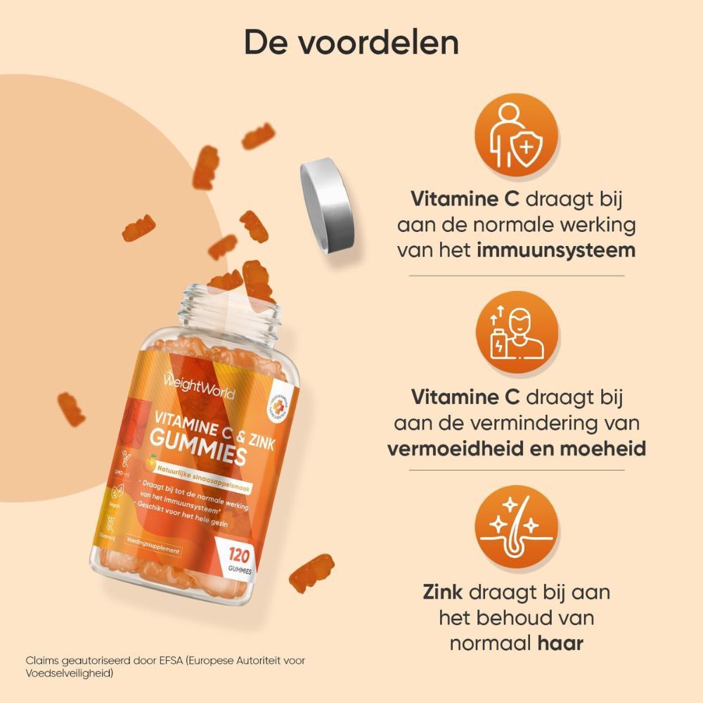 Gummies vallen uit een fles. Tekst: De voordelen. Iconen.