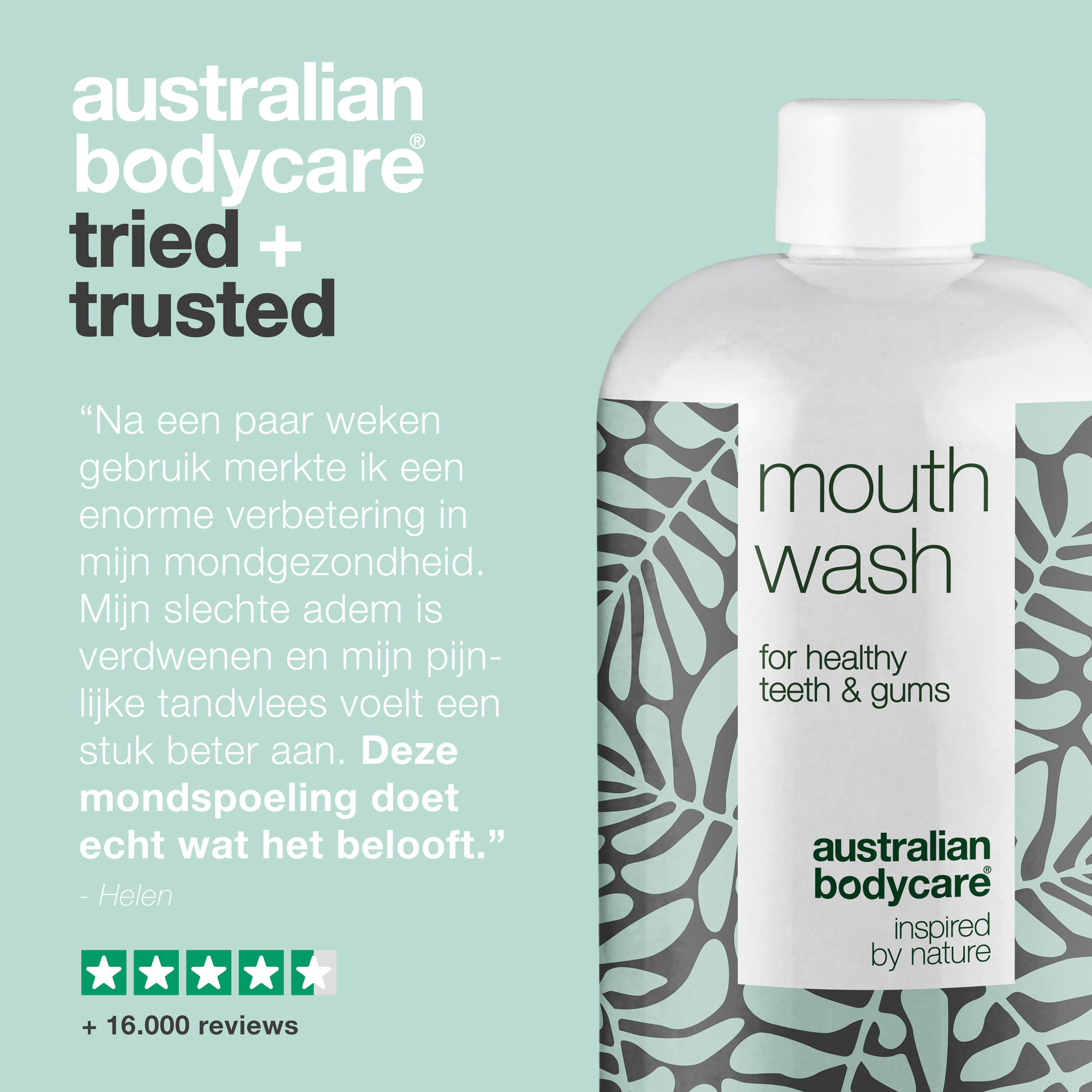 Afbeelding met tekst en fles mondspoeling. Opschrift: Australian Bodycare, tried + trusted. Mouth Wash, voor gezonde tanden & tandvlees.
