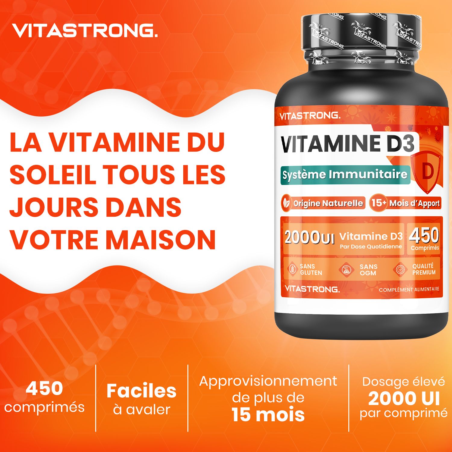 Vitamine D3-fles en tekst op oranje achtergrond. 450 tabletten, gemakkelijk te slikken, 15+ maanden voorraad.